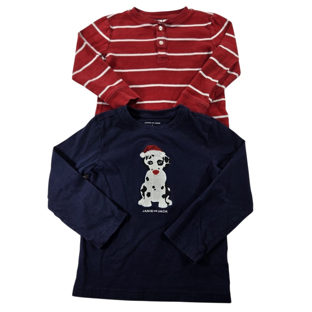 Janie and Jack Boys 3 4 Holiday Shirt Lot Dalmatian Santa Navy Red Striped